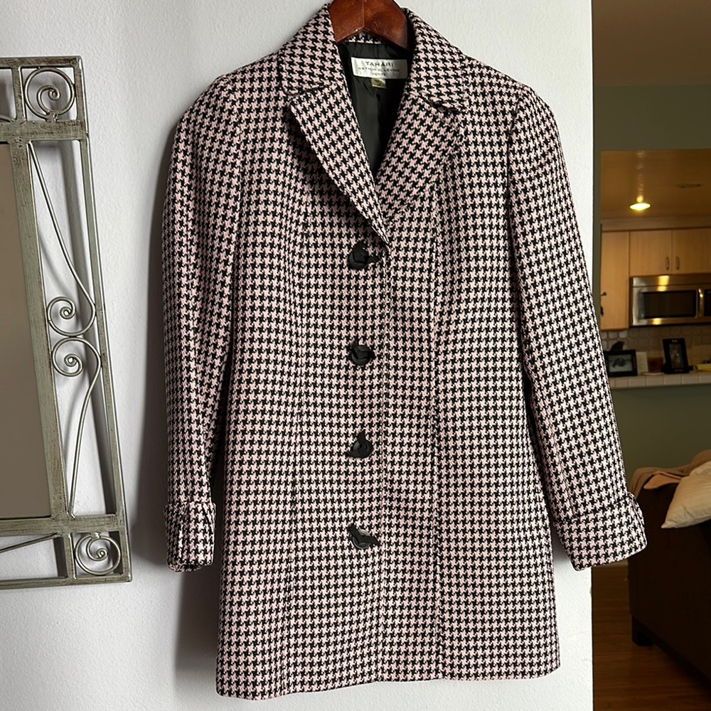 Tahari Blush Pink and White Pea Coat with Notched Lapel